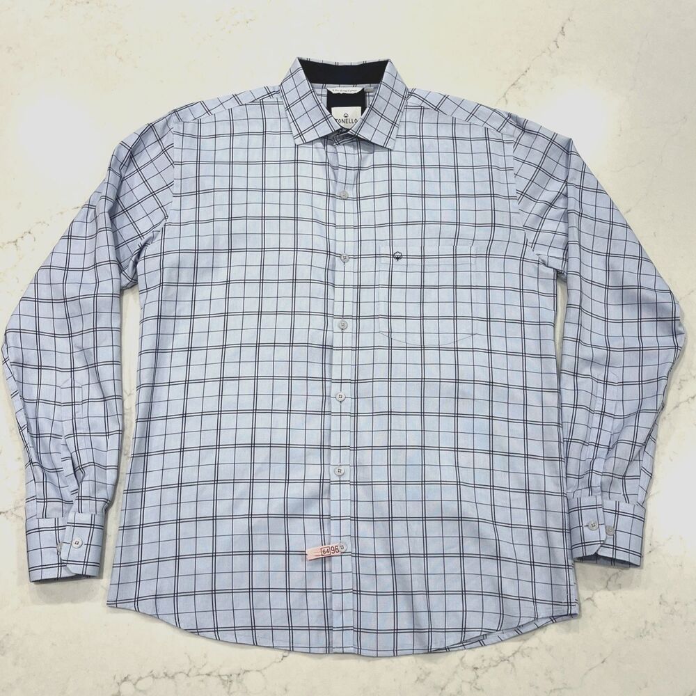 Tonello Italian Designer Blue‎ Windowpane Dress Shirt 40cm Button Up Giza Cotton